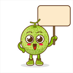 Melon Fruit cartoon mascot character holding a board sign message