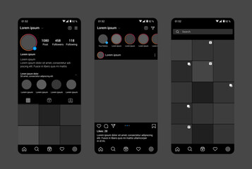 Instagram profile dark interface template. Design of mobile app UI, UX, GUI. Set of screens home page, profile, search. Template Application. UI Design.
