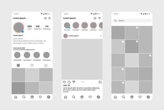 Instagram profile interface template. Design of mobile app UI, UX, GUI. Set of screens home page, profile, search. Template Application. UI Design.