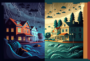 Fototapeta premium Rain and flood in the city, and a hurricane with buildings in the countryside. Generative AI