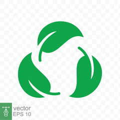 Recycle icon. Green leaf circle logo, biodegradable recyclable plastic free package symbol, eco friendly product template. Vector illustration isolated on transparent background. EPS 10.