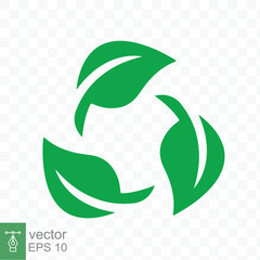 Recycle icon. Green leaf circle logo, biodegradable recyclable plastic free package symbol, eco friendly product template. Vector illustration isolated on transparent background. EPS 10.
