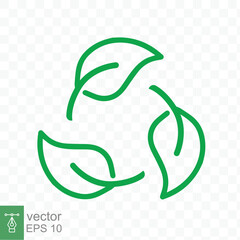 Recycle icon. Green leaf circle logo, biodegradable recyclable plastic free package symbol, eco friendly product template. Vector illustration isolated on transparent background. EPS 10.