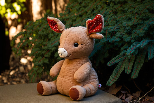 Red nosed antelope. a toy red nosed deer sitting next to the tree. soft doll. plush toy deer. Generative AI