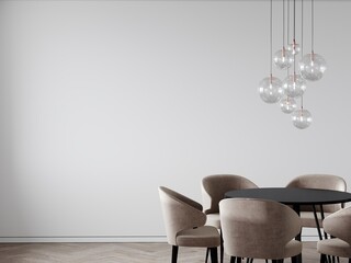 Dining area in soft colors. Beige and white with black details. Glass balls chandeliers. Minimalistic room with empty walls. Menu template or blank invitation. 3d rendering