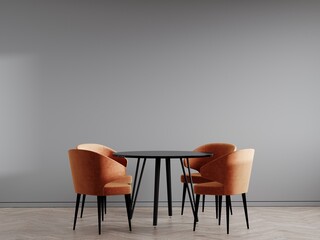 Dining room with 4 bright orange or coral chairs. Black round table and gray emty background walls. Area room for art or lettering copy space. Meeting or negotiation table offece or cafe. 3d rendering