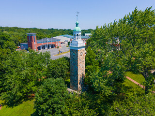 Isaac Sprague Memorial Clock Tower aerial view at Elm Park in Wellesley Hills in town of Wellesley,...