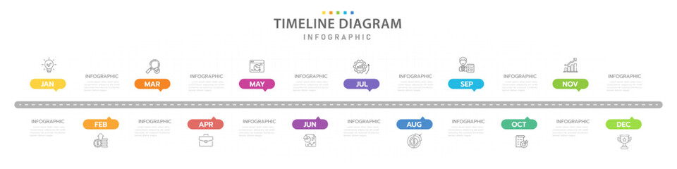 Infographic template for business. 12 Months modern Timeline diagram calendar with icon and topics, presentation vector infographic.