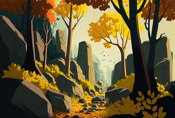 Obraz na płótnie Canvas Daytime view of lovely woodland with yellow foliage on rocky terrain. Generative AI