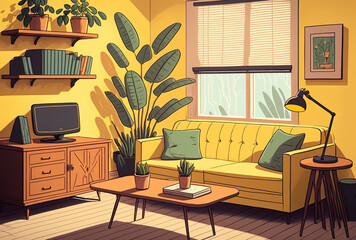 Interior of a living room with a yellow sofa and a wooden table and a plant. Generative AI
