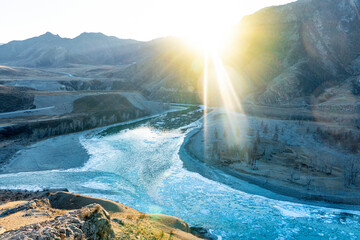 Amazing panoramic view of confluence beautiful mountain rivers Chuya Katun. Panorama wonderful...