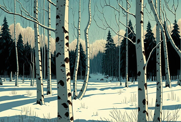 Birch trees' thick branches in a Russian woodland during the winter. Generative AI