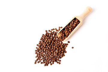 Allspice on a wooden scoop, on a white background.Top view.