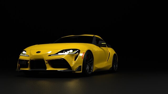New Toyota GR Supra, luxury Yellow Sportscar isolated on black background, Elegant Racing Car