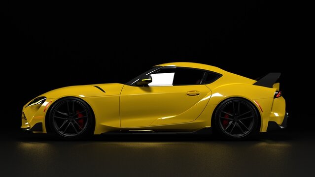 New Toyota GR Supra, luxury Yellow Sportscar isolated on black background, Elegant Racing Car