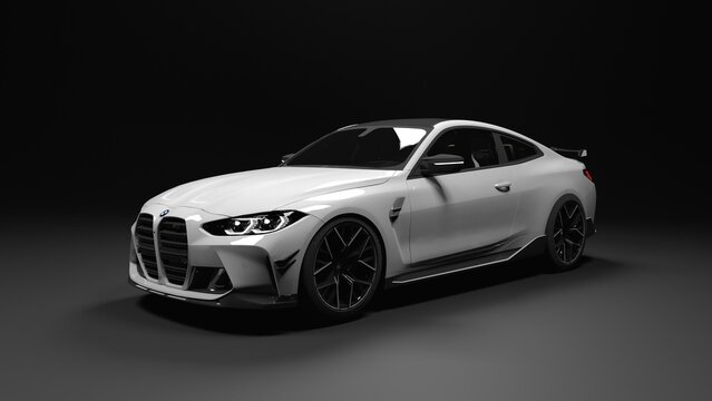 New BMW M4 Competition Coupe, luxury white Sportscar isolated on dark background, elegant racing car