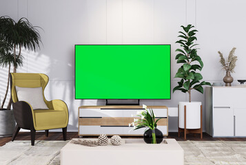Mock up smart TV with with chroma key in modern interior fully f