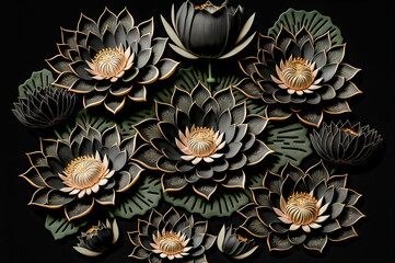 Beautiful black waterlily or lotus flowers. floral background. Generative AI