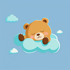 Obraz na płótnie Canvas Cute Bear Sleep on a Cloud. KAWAII Stylish Comic Stamp. Flat Minimalist Design Art. For UI, WEB, Novel, Game, AD, Poster
