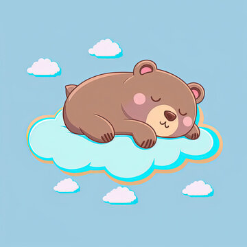 Cute Bear Sleep on a Cloud. KAWAII Stylish Comic Stamp. Flat Minimalist Design Art. For UI, WEB, Novel, Game, AD, Poster