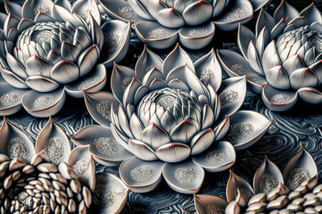 Beautiful silver waterlily or lotus flowers. floral background. Generative AI