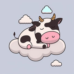 Cute Cow Sleep on a Cloud. KAWAII Stylish Comic Stamp. Flat Minimalist Design Art. For UI, WEB, Novel, Game, AD, Poster