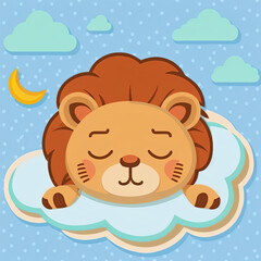 Cute Lion Sleep on a Cloud. KAWAII Stylish Comic Stamp. Flat Minimalist Design Art. For UI, WEB, Novel, Game, AD, Poster