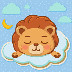 Fototapeta premium Cute Lion Sleep on a Cloud. KAWAII Stylish Comic Stamp. Flat Minimalist Design Art. For UI, WEB, Novel, Game, AD, Poster