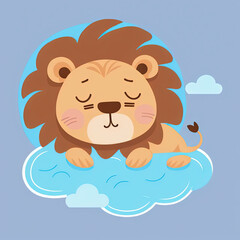 Cute Lion Sleep on a Cloud. KAWAII Stylish Comic Stamp. Flat Minimalist Design Art. For UI, WEB, Novel, Game, AD, Poster