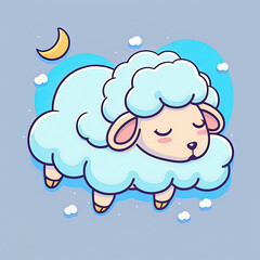 Cute Lamb Sheep Sleep on a Cloud. KAWAII Stylish Comic Stamp. Flat Minimalist Design Art. For UI, WEB, Novel, Game, AD, Poster