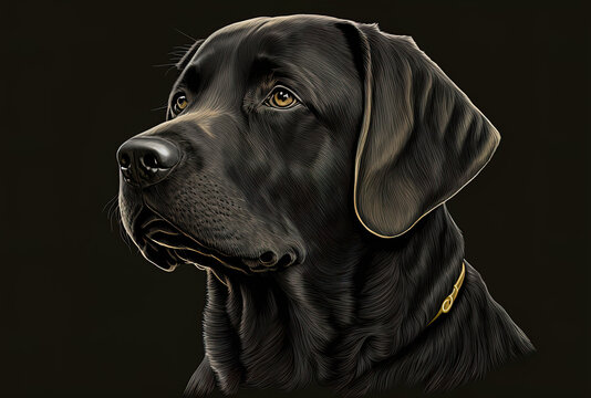 Black labrador dog in profile with slanted head. Generative AI