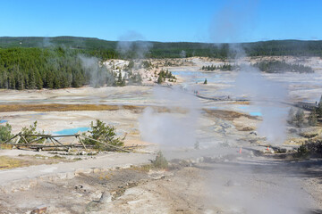 Scenic view of Porcelain Basin Hot Springs thermal area at Yellowstone National Park.