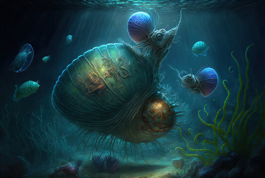 Underwater creatures and tonna tesselata seashells are depicted in this image. Generative AI