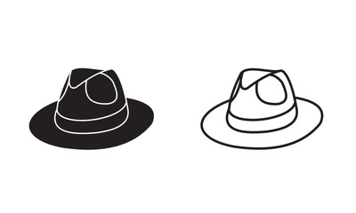 Black stylish hat isolated on white. Line art and flat icon.