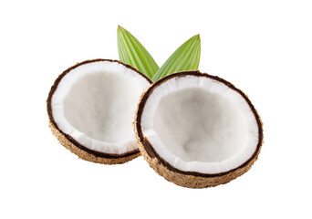 Coconut with half and leaves on transparent png