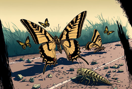 butterflies with the tiger swallowtail species consuming roadside worm carcasses. Generative AI