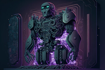Illustration of a realistic robot or close up of motherboards and video cards used for cryptocurrency mining in black cyber armor. Generative AI