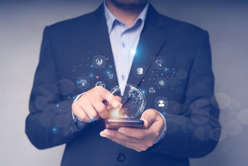 Businessman using smart mobile phone, global internet connection technology business and digital marketing, finance and banking, digital link technology, big data.