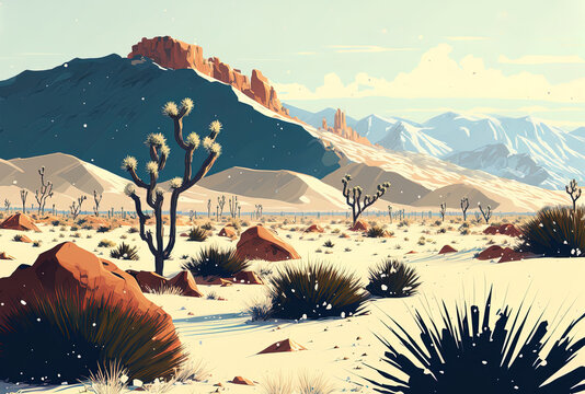 Vertical view of a lovely desert area with sparse vegetation and a distant hill covered in snow. Generative AI