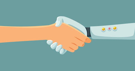 Human and Robot Handshake in Agreement Vector Cartoon Illustration. Android hand making a pact deal with a human 
