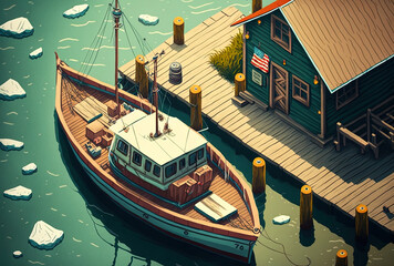 Fototapeta na wymiar aerial view of a fishing boat near to a wooden wharf along the seaside. Generative AI
