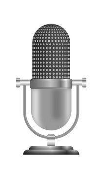 Vector 3d Realistic Steel Retro Microphone isolated on white PNG transparent background