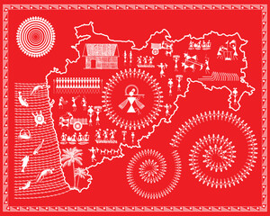 Maharashtrian culture, economy, people, shown in warli painting. illustration, drawing, painting, wall art.