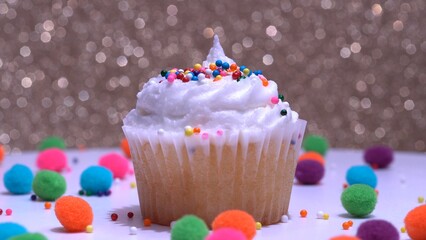 Decorated colourful cupcake for the holiday, shallow depth of field. Close up macro focus on the iced muffin. Gold background. Presentation of delicious desserts at anniversary or birthday.