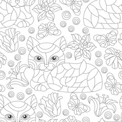 Fototapeta premium Seamless pattern with contour cats and flowers in stained glass style, dark outlines on a white background