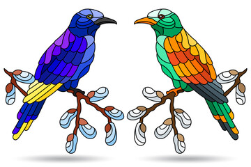 Set of illustrations in stained glass style with bright birds, animals on branches isolated on a white background
