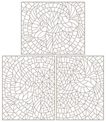 A set of contour illustrations in the style of stained glass with a flying pigeon on a background of sun and sky , dark contours on a white background