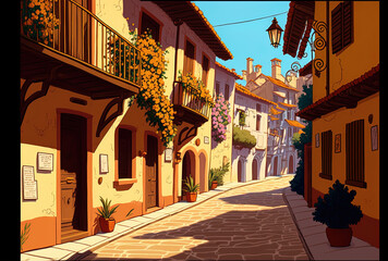 Fototapeta na wymiar Sunny Old Spanish Town street. Generative AI