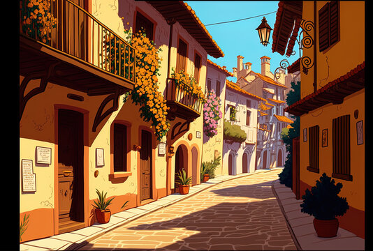 Fototapeta Sunny Old Spanish Town street. Generative AI