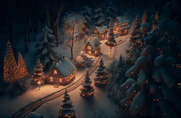 Christmas retro village with snow at winter. Christmas card landscape. Generative AI